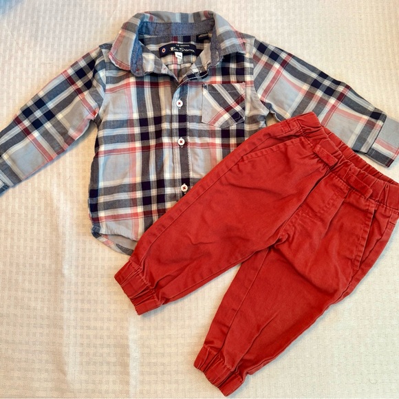 Ben Sherman Baby Boy Plaid Shirt & Red Pants Set 12M - Picture 1 of 5